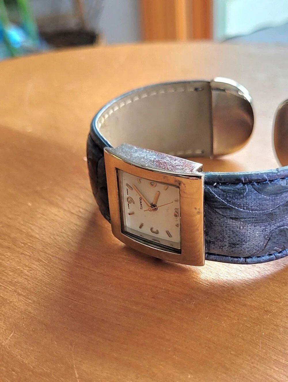 Ladies Square Silver Case Watch with Blue Leather Strap